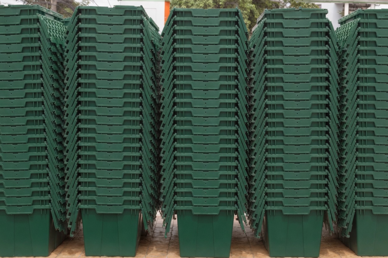 Rows of plastic moving crates stacked tall in our Kansas City warehouse, ready for delivery.